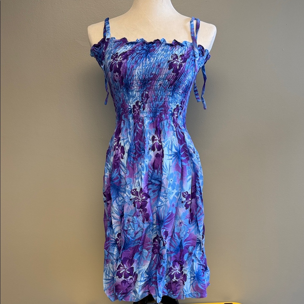 Hibiscus Connection Blue Purple Floral Smocked Dress